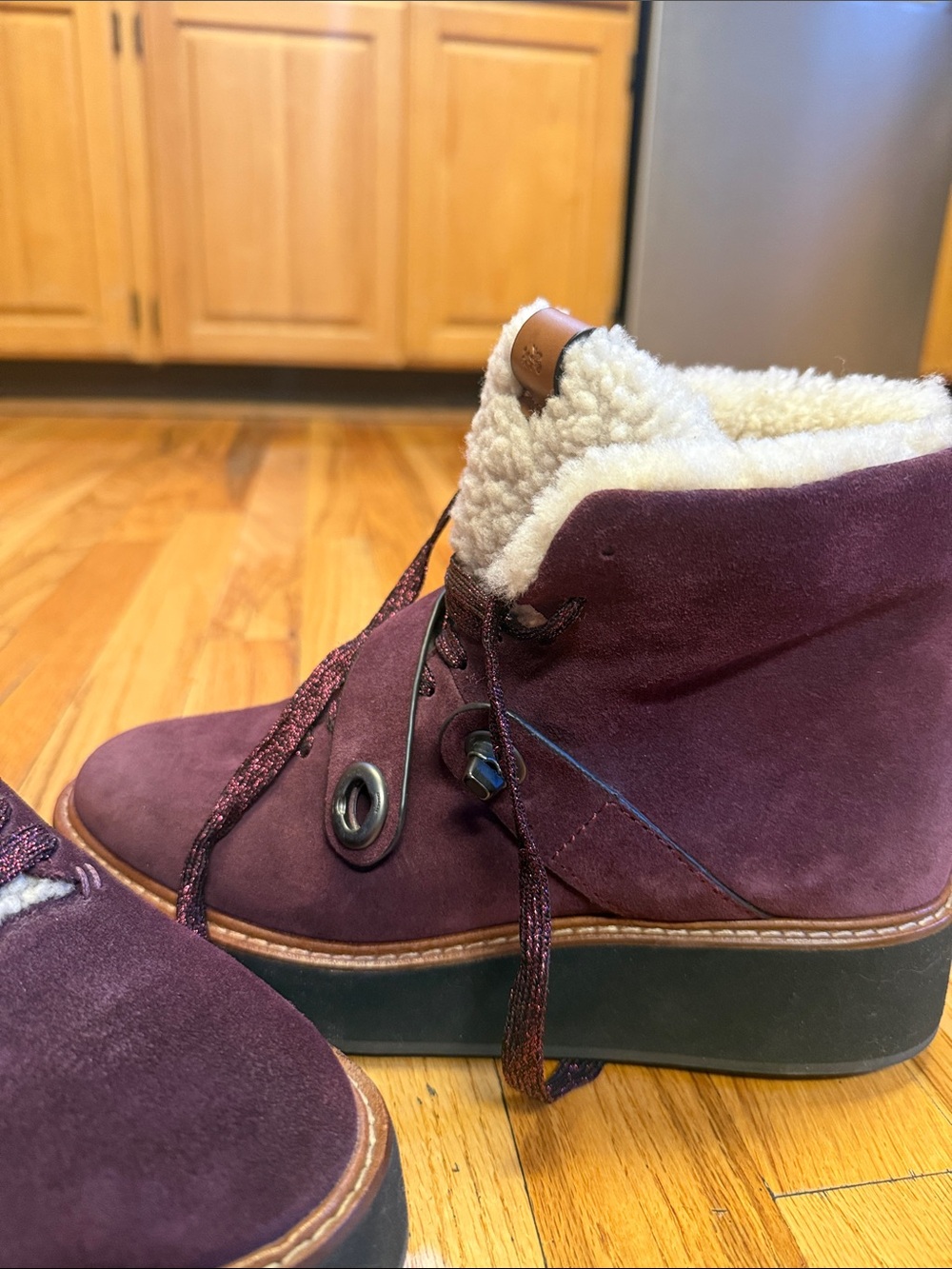Coach Burgundy Suede Shearling-Trim Ankle Boots - Picture 3 of 7